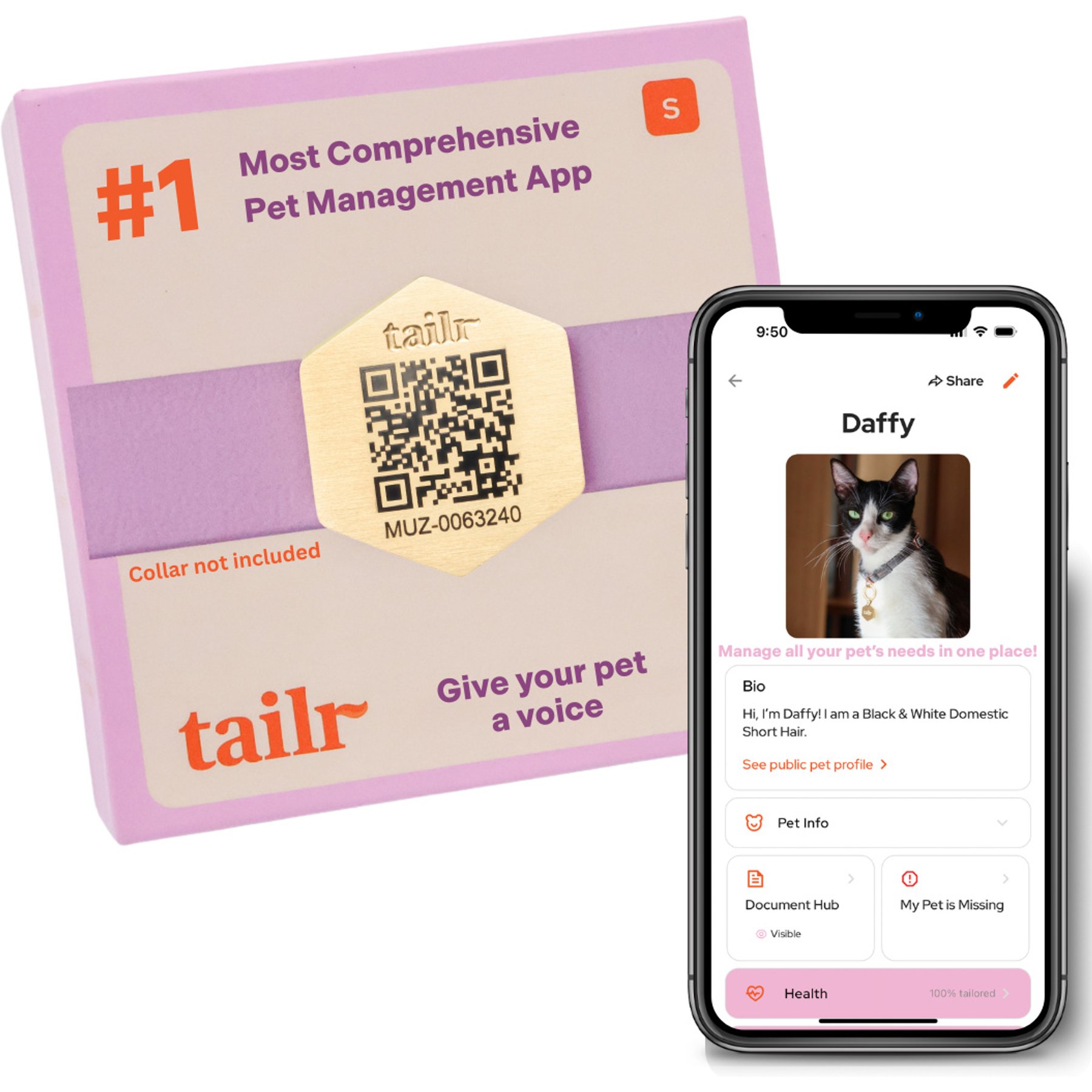 Tailr Slide QR Code Silent Dog & Cat ID Tag, Gold, Small