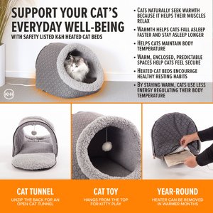 K&H Pet Products Thermo-Pet Cave Covered Indoor Heated Cat Bed & Tunnel, Gray