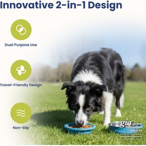 PawsPik 2-in-1 18/8 Stainless Steel & Silicone Dog & Cat Travel Bowl, Midnight Summit Blue
