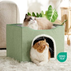 Bedsure Cat Cave with Fluffy Ball & Scratch Pad Plush Sherpa Foldable Cat House, Single, Green