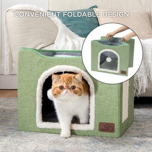 Bedsure Cat Cave with Fluffy Ball & Scratch Pad Plush Sherpa Foldable Cat House, Single, Green