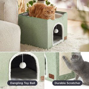 Bedsure Cat Cave with Fluffy Ball & Scratch Pad Plush Sherpa Foldable Cat House, Single, Green
