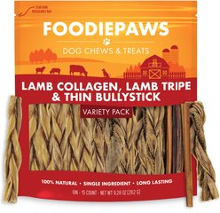 Foodiepaws Variety Pack 6-in Lamb Collagen, Tripe & Thin Bully Stick Dog Treats, 15 count