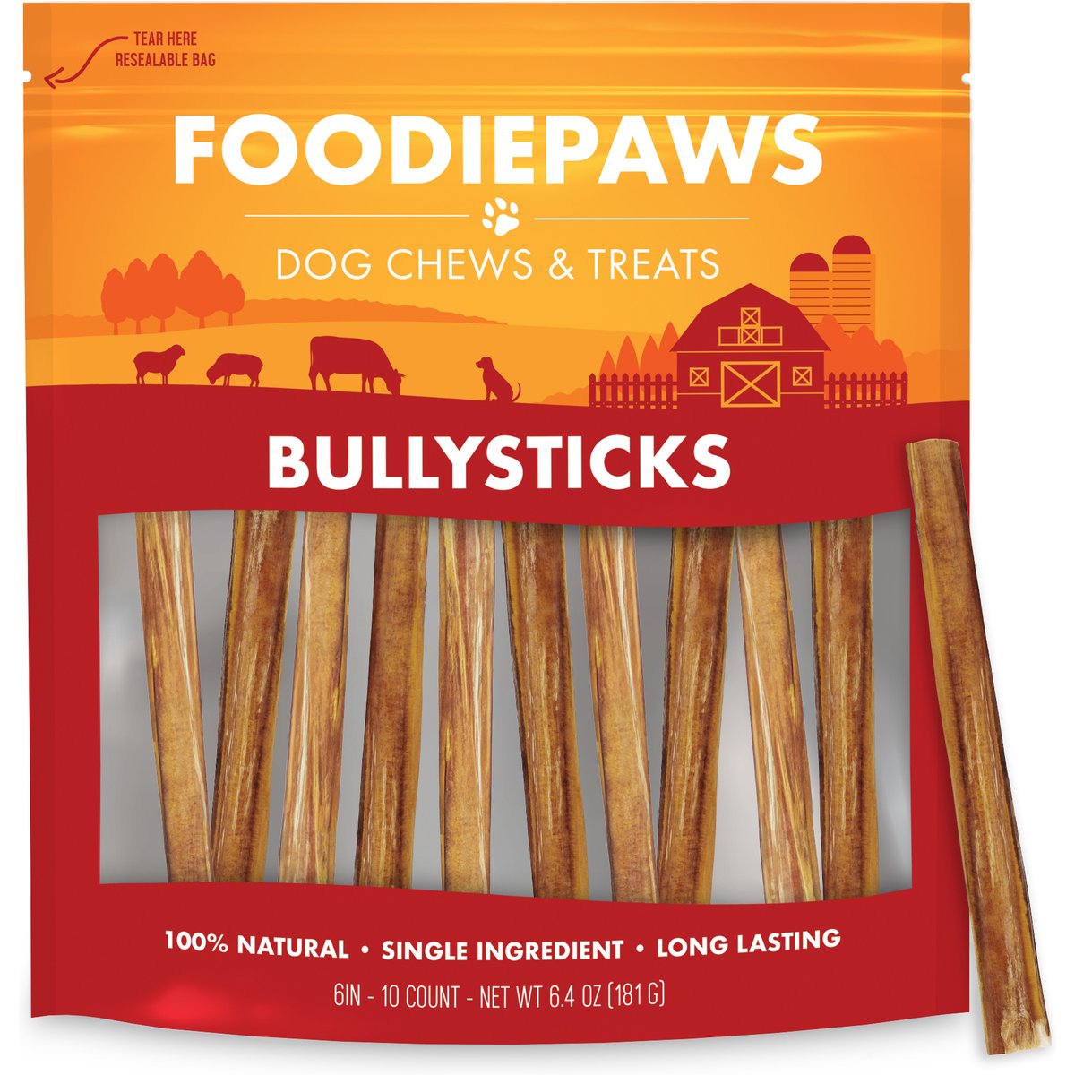 Foodiepaws 6-in Beef Bully Sticks Dog Treats, 10 count
