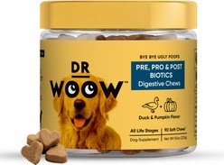 Dr Woow Pre, Pro & Post Biotics Duck & Pumpkin Flavor Soft Chew Digestion Supplement for Dogs, 90 count