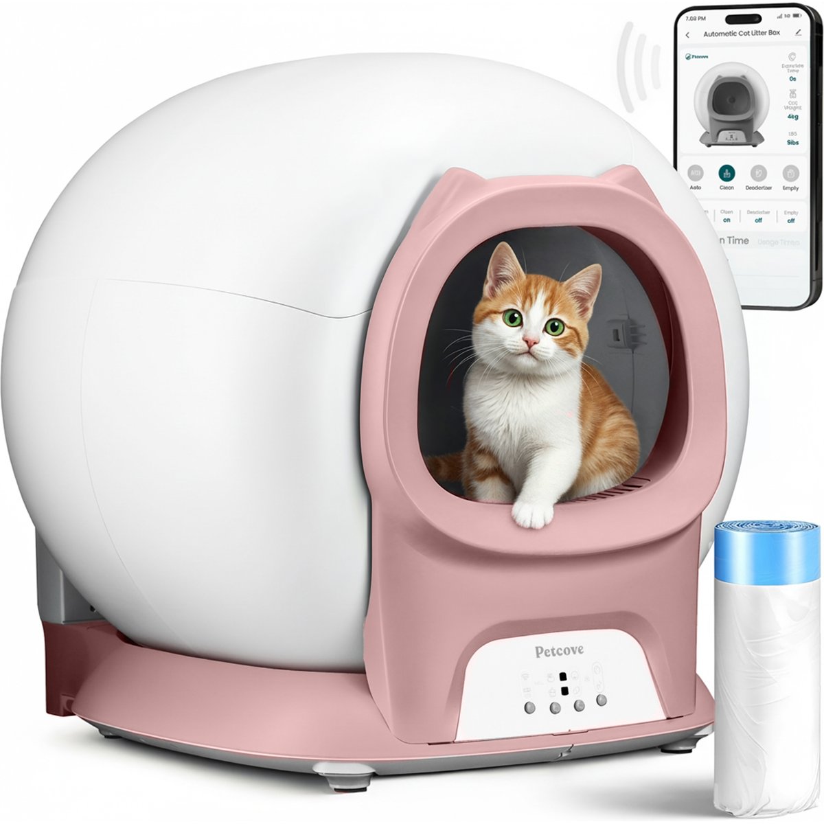 Petcove Self-Cleaning App-Controlled, Multi-Cat, WiFi Compatible Cat Litter Box with Auto Safety Sensors, Large, Magenta