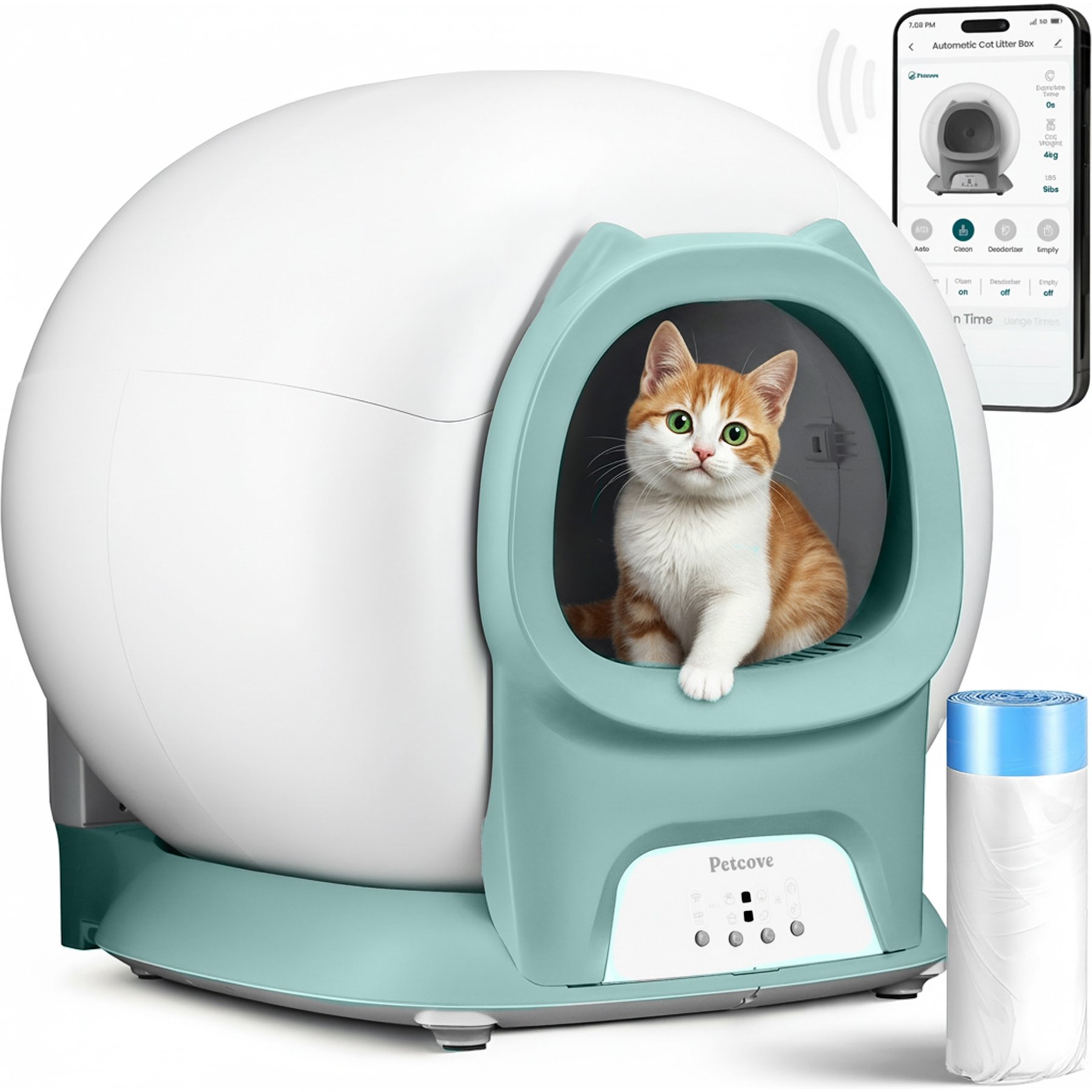 Petcove Self-Cleaning App-Controlled, Multi-Cat, WiFi Compatible Cat Litter Box with Auto Safety Sensors, Large, Turquoise