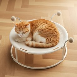 NonoPets Elevated Orthopedic Mesh Round Lounger Cat Hammock Bed with Integrated Play Pom-Poms, Beige