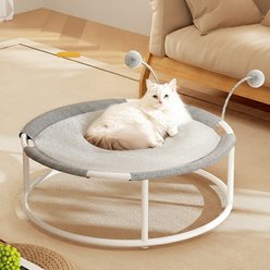 NonoPets Elevated Orthopedic Mesh Round Lounger Cat Hammock Bed with Integrated Play Pom-Poms, Grey