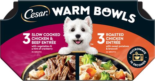 Cesar Warm Bowls Variety Pack Chicken & Beef Entree & Roasted Chicken Entree Shredded Wet Dog Food Trays, 2.7-oz tray, pack of 6