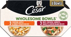 Cesar Wholesome Bowls Variety Pack Beef, Chicken, Carrots, Barley & Green Beans Recipe & Chicken, Apple & Sweet Potato Recipe Small Breed Adult Soft Wet Dog Food, 3-oz bowl, case of 6