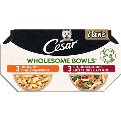 Cesar Cesar Wholesome Bowls Variety Pack Beef, Chicken, Carrots, Barley & Green Beans Recipe & Chicken, Apple & Sweet Potato Recipe Small Breed Adult Soft Wet Dog Food, 3-oz bowl, case of 6