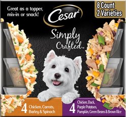 Cesar Simply Crafted Chicken, Duck, Purple Potatoes, Pumpkin, Green Beans & Brown Rice & Chicken, Carrots, Barley & Spinach Variety Pack Adult Wet Dog Food Meal Topper, 1.3-oz tub, case of 16
