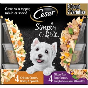 Cesar Simply Crafted Chicken, Duck, Purple Potatoes, Pumpkin, Green Beans & Brown Rice & Chicken, Carrots, Barley & Spinach Variety Pack Adult Wet Dog Food Meal Topper, 1.3-oz tub, case of 16