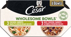 Cesar Wholesome Bowls Chicken, Carrots, Barley, Green Beans & Beef, Chicken, Carrots, Potatoes Variety Pack Small Breed Adult Wet Dog Food, 3-oz tray, case of 12