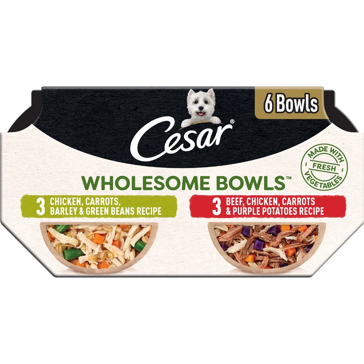 Cesar Wholesome Bowls Chicken, Carrots, Barley, Green Beans & Beef, Chicken, Carrots, Potatoes Variety Pack Small Breed Adult Wet Dog Food, 3-oz tray, case of 12
