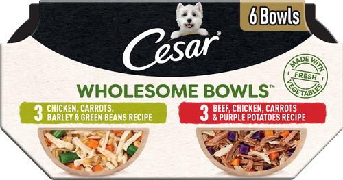 Cesar Wholesome Bowls Chicken, Carrots, Barley & Beef, Chicken, Carrots, Potatoes Variety Pack Small Breed Adult Wet Dog Food, 3-oz tray, case of 12