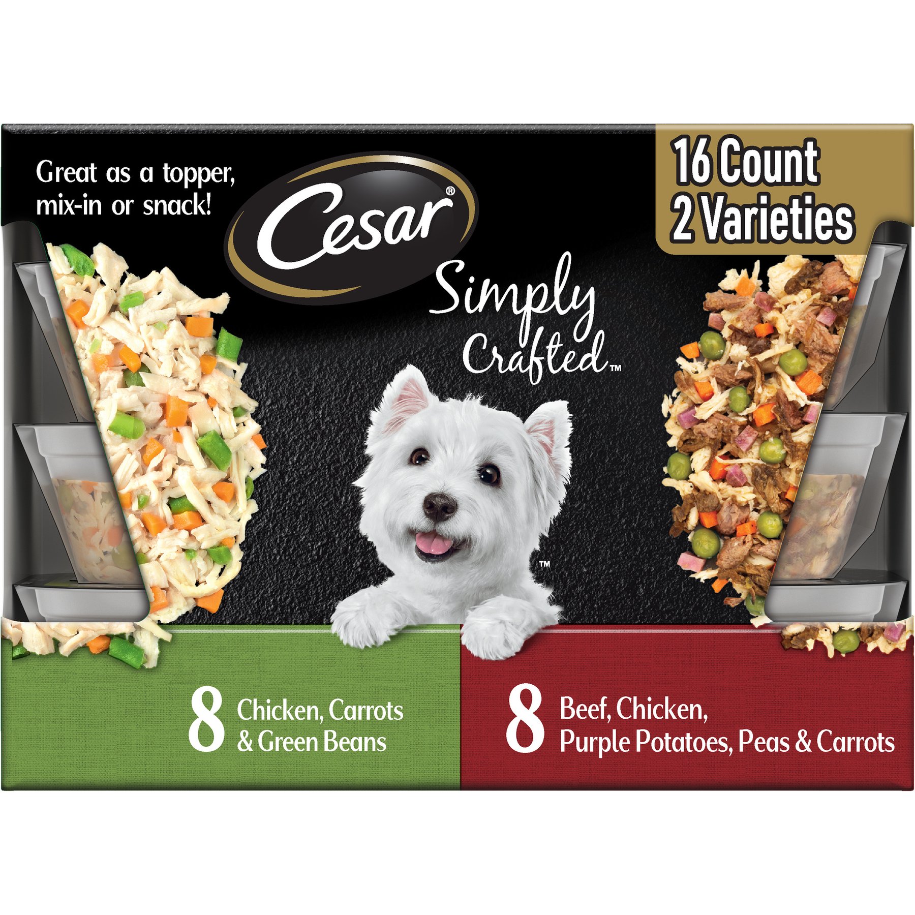 Cesar Simply Crafted Variety Pack Chicken, Carrots & Green Beans & Beef, Chicken, Purple Potatoes, Peas & Carrots Wet Dog Food Topper, 1.3-oz can, 16 count
