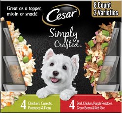 Cesar Simply Crafted Variety Pack Chicken, Carrots, Potatoes & Peas & Beef, Chicken, Purple Potatoes, Green Beans & Red Rice Adult Wet Dog Food Topper, 1.3-oz, pack of 8
