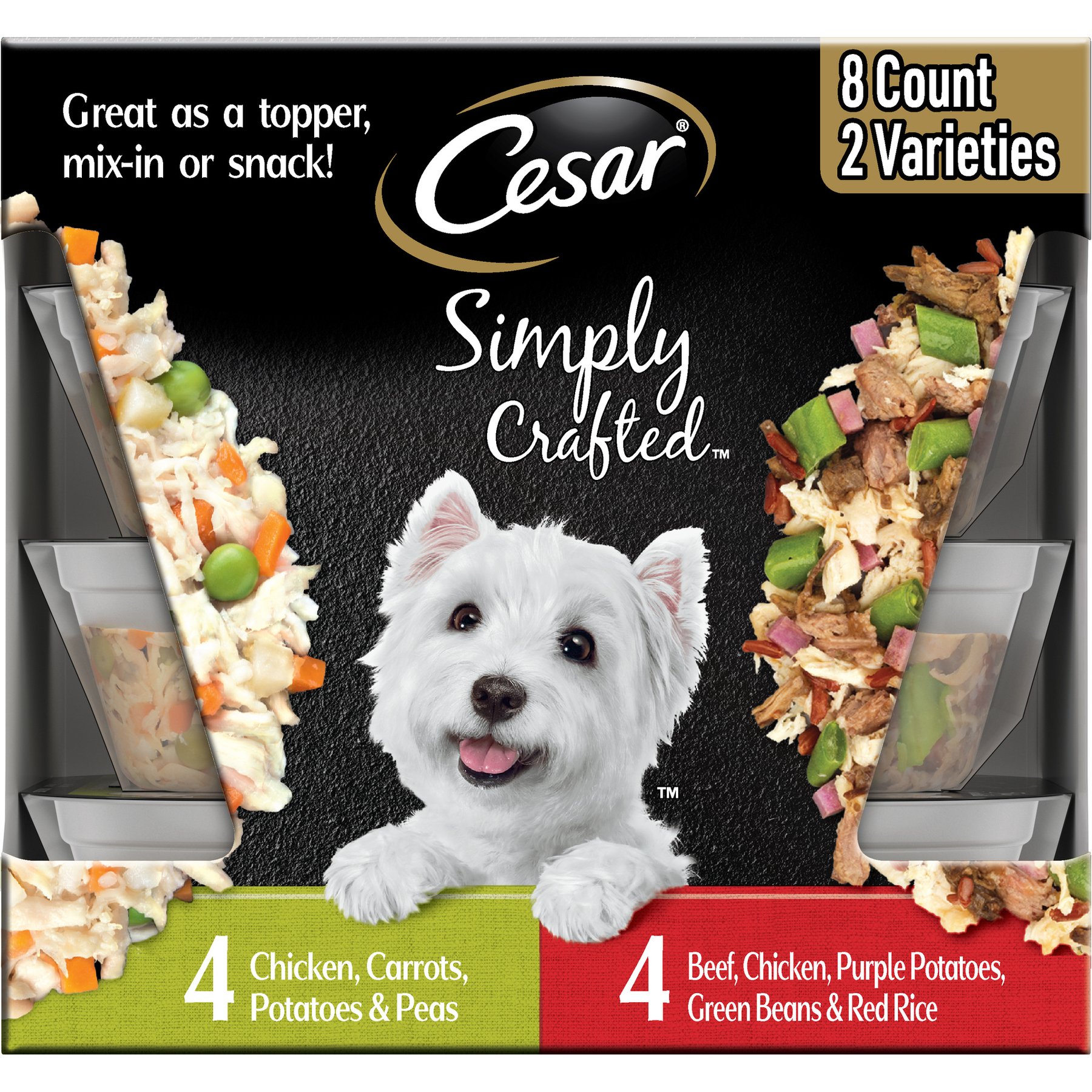 Cesar Simply Crafted Variety Pack Chicken, Carrots, Potatoes & Peas, & Beef, Chicken, Purple Potatoes, Green Beans & Red Rice Wet Dog Food Topper, 1.3-oz tray, bundle of 16