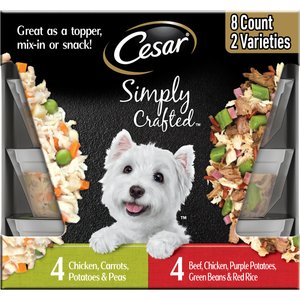 Cesar Simply Crafted Variety Pack Chicken, Carrots, Potatoes & Peas & Beef, Chicken, Purple Potatoes, Green Beans & Red Rice Adult Wet Dog Food Topper, 1.3-oz, pack of 8