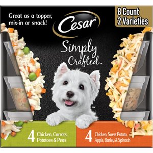 Cesar Simply Crafted Variety Pack Chicken, Carrots, Potatoes & Peas & Chicken, Sweet Potato, Apple, Barley & Spinach Limited-Ingredient Wet Dog Food Topper, 1.3-oz, pack of 8