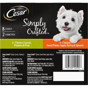 Cesar Simply Crafted Variety Pack Chicken, Carrots, Potatoes & Peas & Chicken, Sweet Potato, Apple, Barley & Spinach Limited-Ingredient Wet Dog Food Topper, 1.3-oz, pack of 8