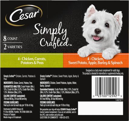 Show full view: Cesar Simply Crafted Variety Pack Chicken, Carrots, Potatoes & Peas & Chicken, Sweet Potato, Apple, Barley & Spinach Limited-Ingredient Wet Dog Food Topper, 1.3-oz, pack of 8 slide 3 of 10