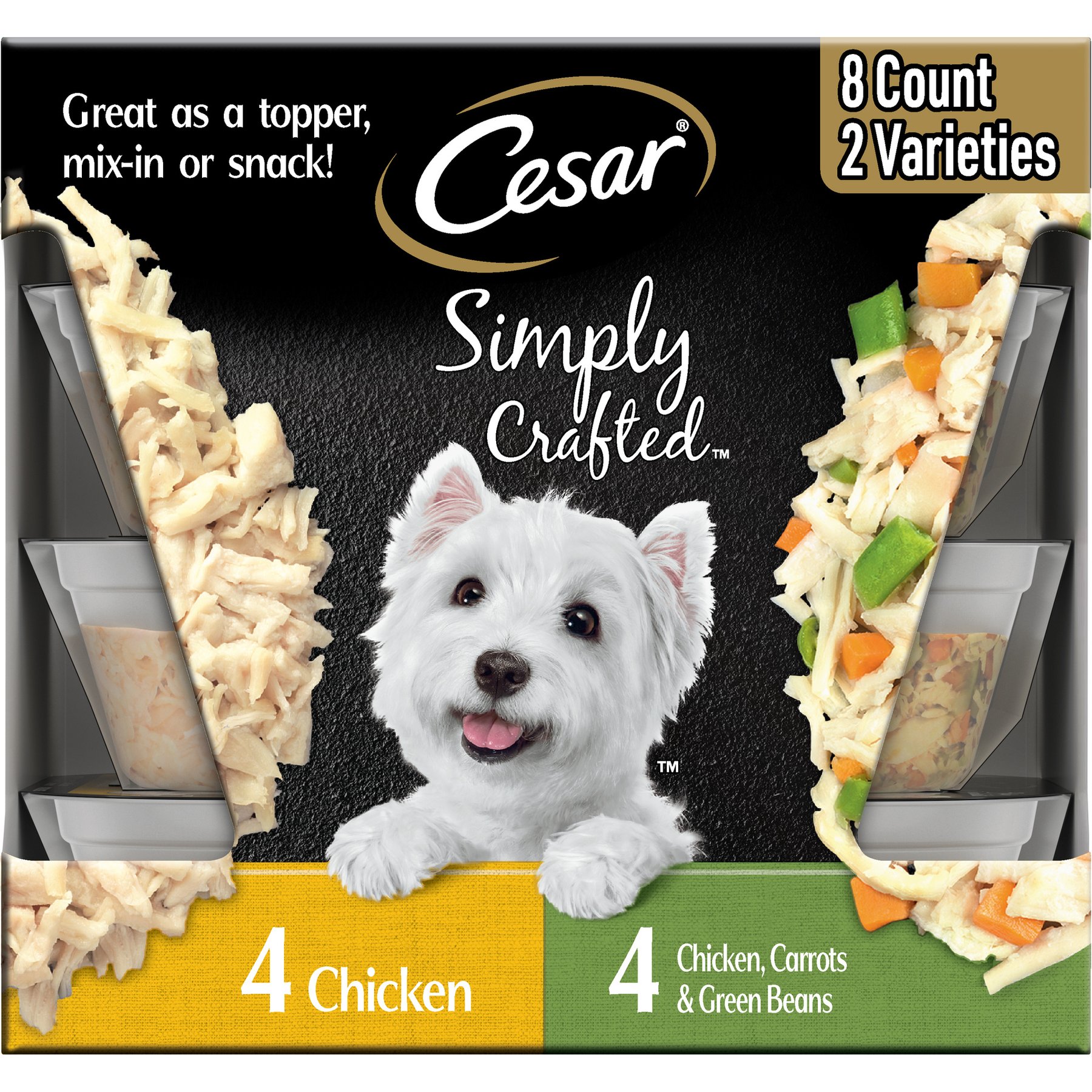 Cesar Simply Crafted Variety Pack Chicken & Chicken, Carrots & Green Beans Limited-Ingredient Wet Dog Food Topper, 1.3-oz tray, bundle of 16