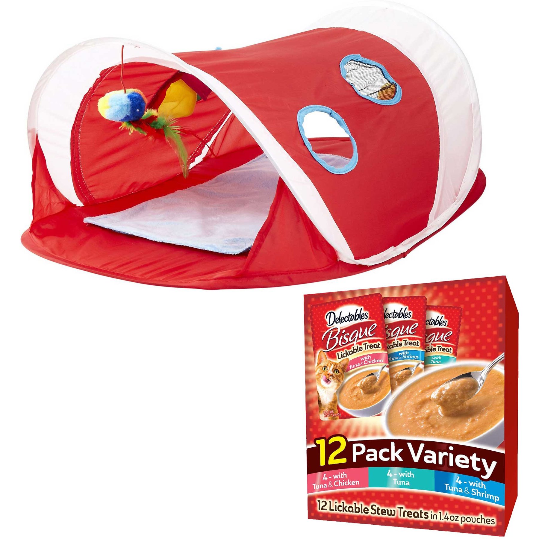 Hartz Delectables Bisque Variety Pack Lickable Cat Treats, case of 12 + Hartz Just for Cats Peek & Play Pop-Up Tent Cat Toy
