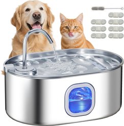 PawHut 7-L Stainless Steel Multi-Pet Ultra-Quiet Pump Water Fountain for Dogs & Cats with Filters, Silver, 12.6 x 8.7 x 8.8-in