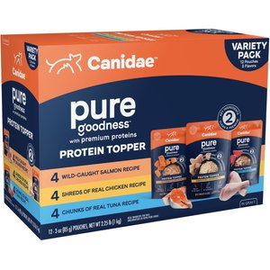 CANIDAE Pure Goodness Protein Chicken, Salmon & Tuna Skin & Coat Health Grain-Free Dog Food Topper, 3-oz, case of 12