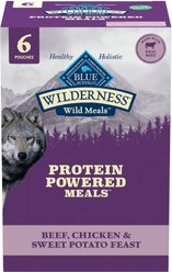 Blue Buffalo Wilderness Protein Powered Meals Beef, Chicken & Sweet Potato High-Protein Grain-Free Wet Dog Food, 9-oz pouch, case of 6 slide 1 of 9