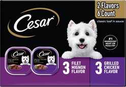 Cesar Classic Loaf in Sauce Variety Pack Adult Filet Mignon & Grilled Chicken Wet Dog Food Trays, 3.5-oz, 6 count