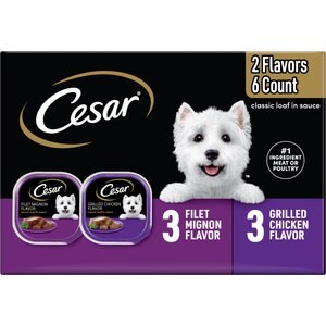 Cesar Classic Loaf in Sauce Variety Pack Adult Filet Mignon & Grilled Chicken Wet Dog Food Trays, 3.5-oz, 6 count