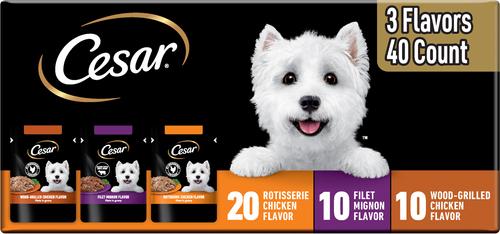 Cesar Variety Pack Filet Mignon, Rotisserie Chicken, & Wood-Grilled Chicken Flavor Filets in Gravy Wet Dog Food, 1.76-oz pouch, case of 40