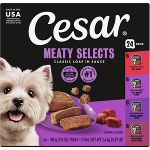 Cesar Classic Loaf in Sauce Beef Recipe, Filet Mignon, Grilled Chicken & Porterhouse Steak Flavors Variety Pack Grain-Free Small Breed Adult Wet Dog Food Trays, 3.5-oz, case of 24