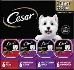 Cesar Classic Loaf in Sauce Beef Recipe, Filet Mignon, Grilled Chicken & Porterhouse Steak Flavors Variety Pack Grain-Free Small Breed Adult Wet Dog Food Trays, 3.5-oz, case of 24