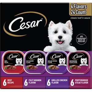 Cesar Classic Loaf in Sauce Beef Recipe, Filet Mignon, Grilled Chicken & Porterhouse Steak Flavors Variety Pack Grain-Free Small Breed Adult Wet Dog Food Trays, 3.5-oz, case of 24