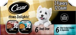Cesar Home Delights Slow Cooked Chicken & Vegetables & Beef Stew Variety Pack Small Breed Adult Wet Dog Food Trays, 3.5-oz, case of 12