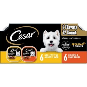 Cesar Classic Loaf in Sauce Breakfast & Dinner Mealtime Variety Pack Grain-Free Small Breed Adult Wet Dog Food Trays, 3.5-oz, case of 12
