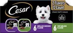 Cesar Classic Loaf in Sauce Top Sirloin & Grilled Chicken Flavors Variety Pack Grain-Free Small Breed Adult Wet Dog Food Trays, 3.5-oz, case of 12