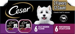 Cesar Classic Loaf in Sauce Filet Mignon & Porterhouse Steak Flavors Variety Pack Grain-Free Small Breed Adult Wet Dog Food Trays, 3.5-oz, case of 12