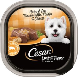Cesar Loaf & Topper in Sauce Ham & Egg Flavor with Potato & Cheese Grain-Free Small Breed Adult Wet Dog Food, 3.5-oz, case of 24