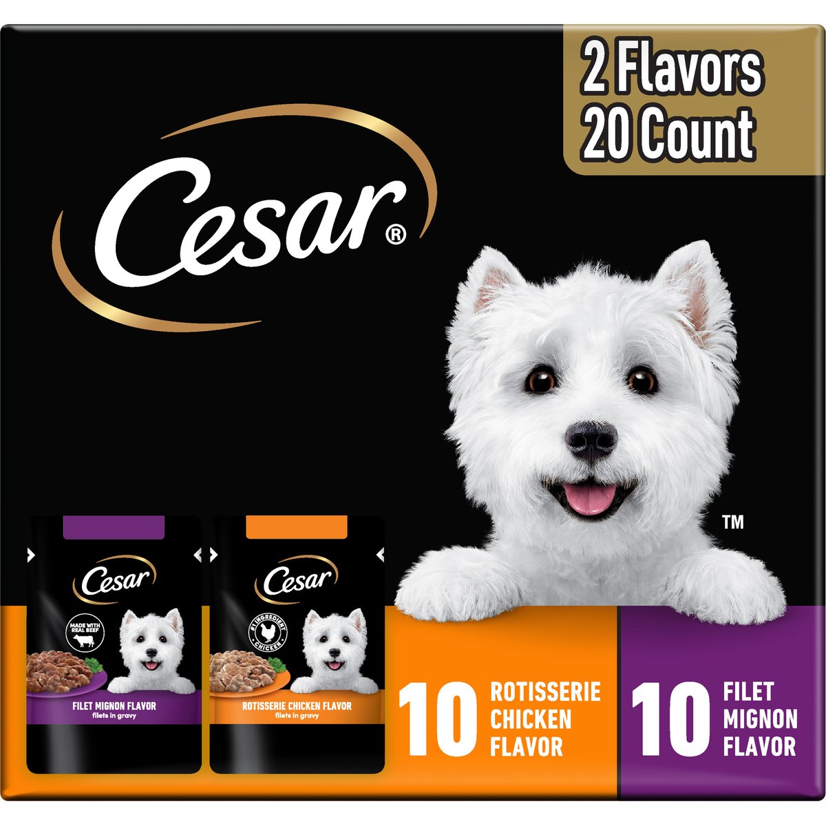 Cesar Variety Pack Filet Mignon & Rotisserie Chicken Flavor Filets in Gravy Wet Dog Food, 1.76-oz pouch, case of 20