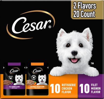Cesar Variety Pack Filet Mignon & Rotisserie Chicken Flavor Filets in Gravy Wet Dog Food, 1.76-oz pouch, case of 20