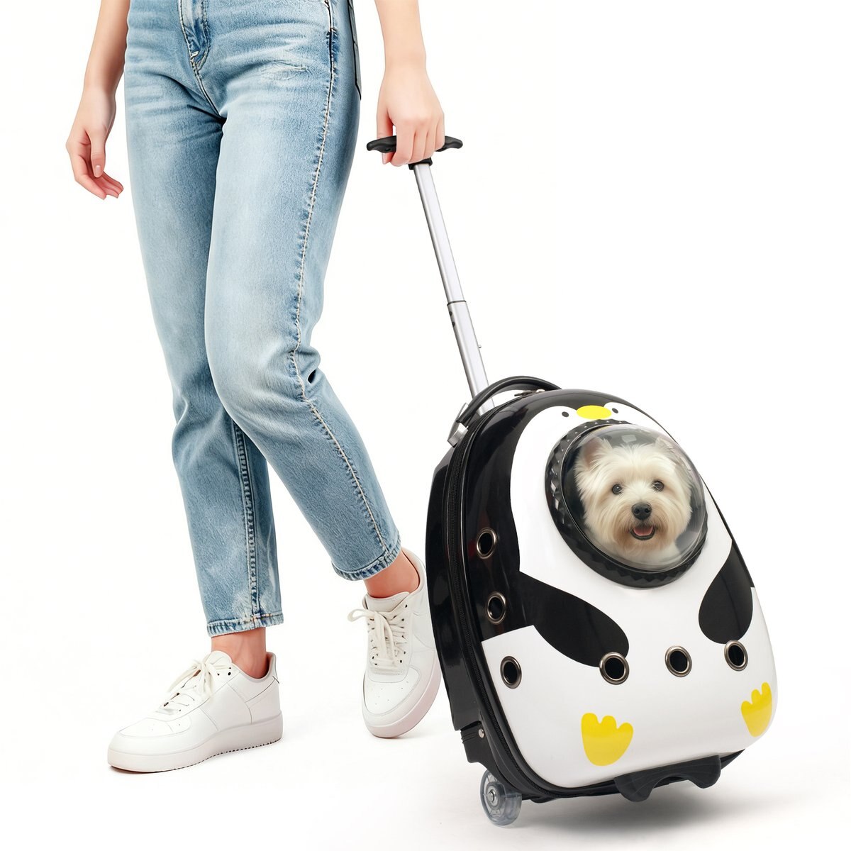 Niubya Animal Pattern Airline Approved Dog & Cat Carrier with Wheels, White