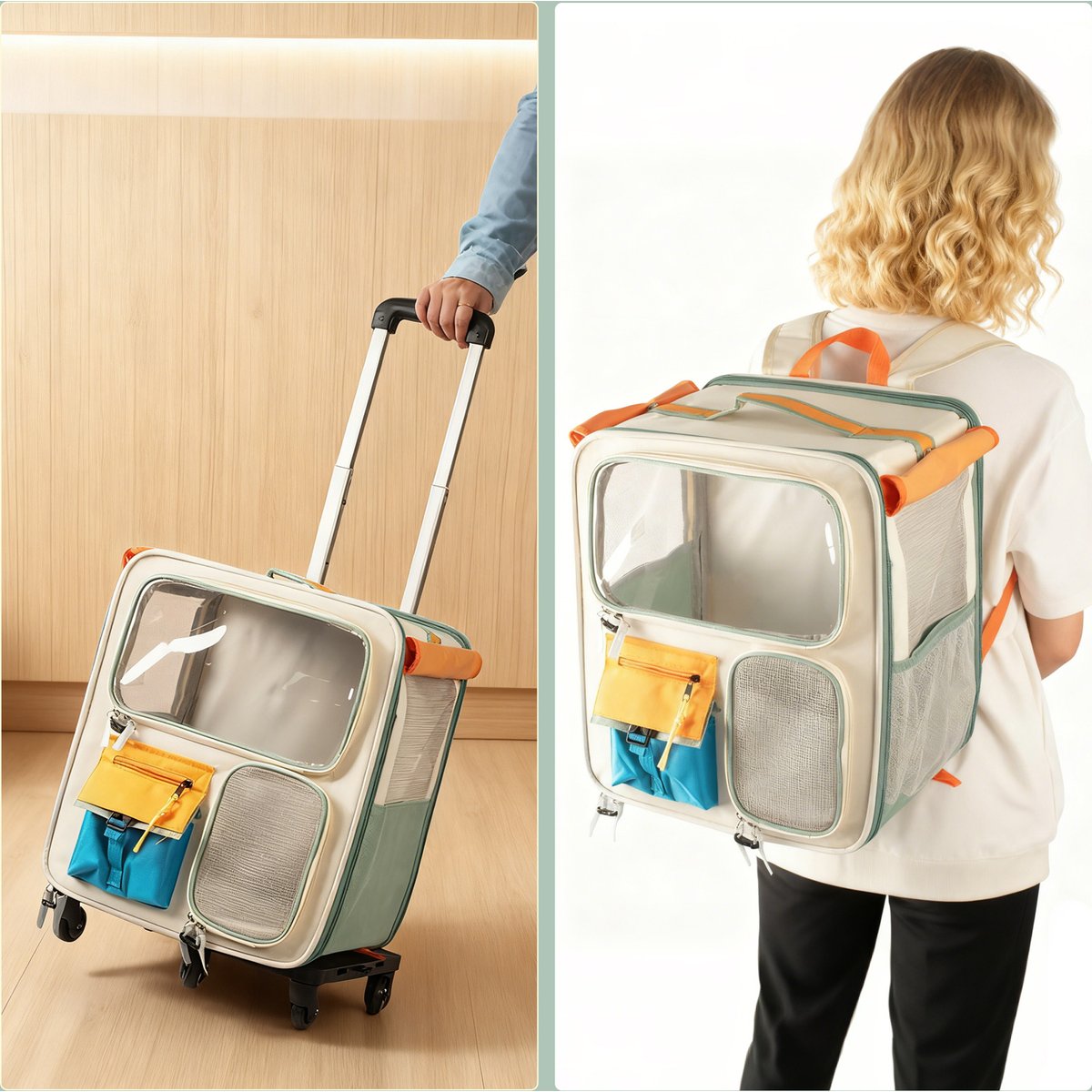 Niubya Airline Approved Square Backpack Dog & Cat Carrier with Wheels, Orange