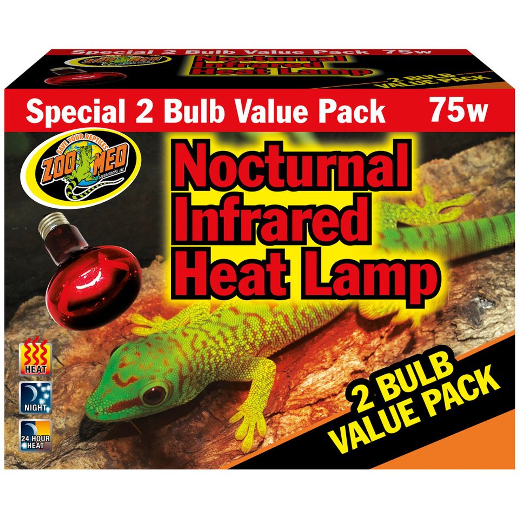 Zoo Med Nocturnal Infrared Reptile Heat Lamp, 75-Watt, 2 count