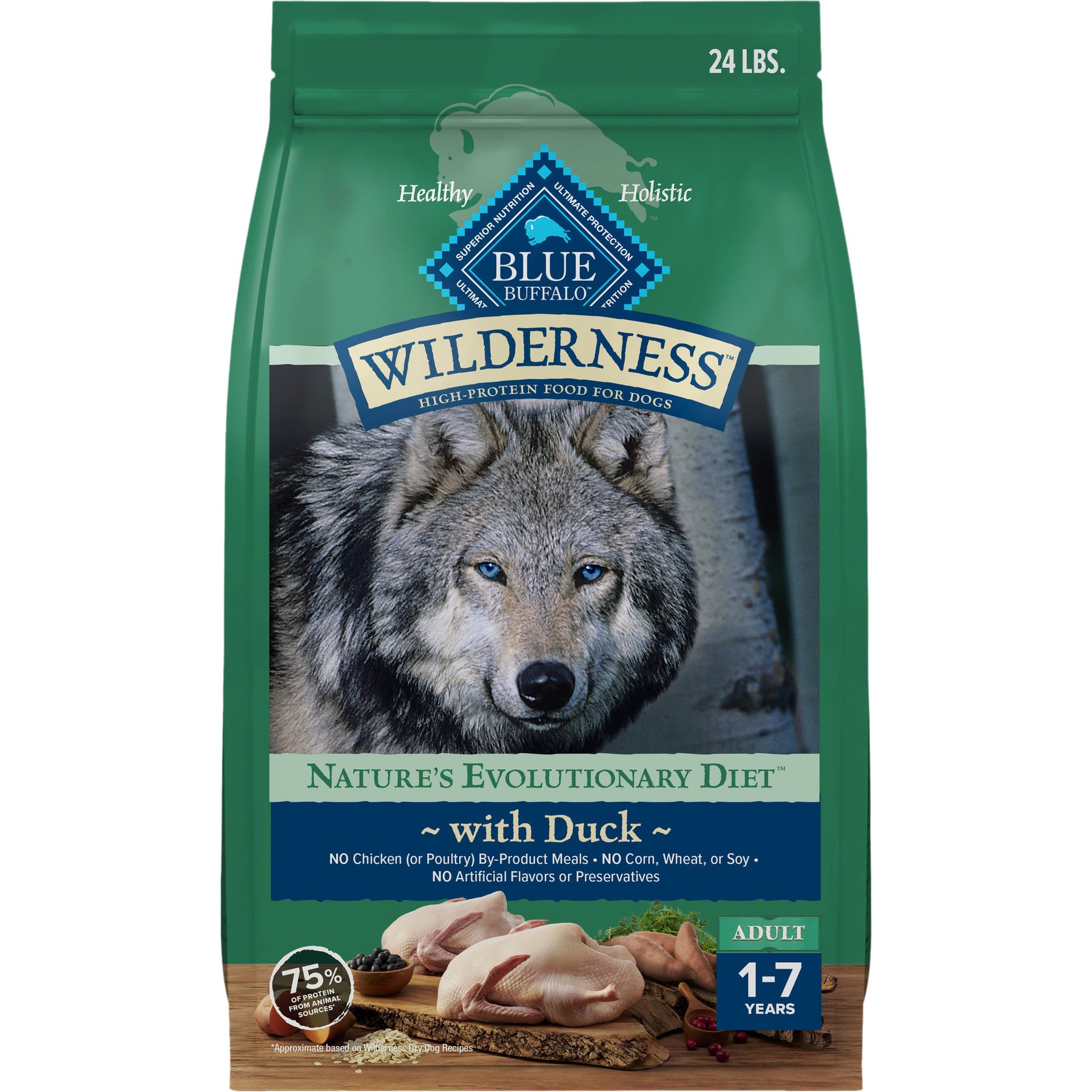 Blue Buffalo Wilderness Adult High Protein Natural Duck & Wholesome Grains Dry Dog Food, 24-lb bag